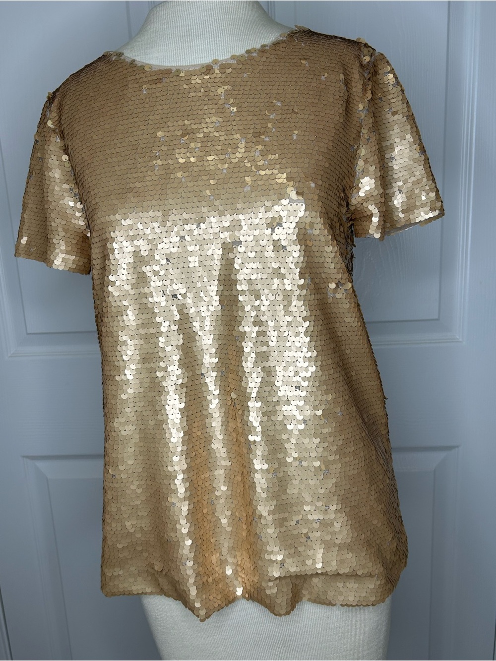Crew‎ Gold Sequin Short Sleeve Top XS Champagne Beige Party Glam